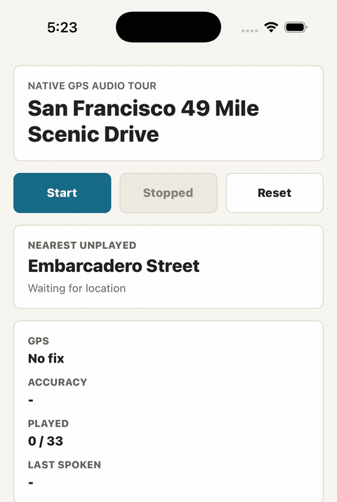 The San Francisco 49-Mile GPS Audio Tour app running a three-stop demo